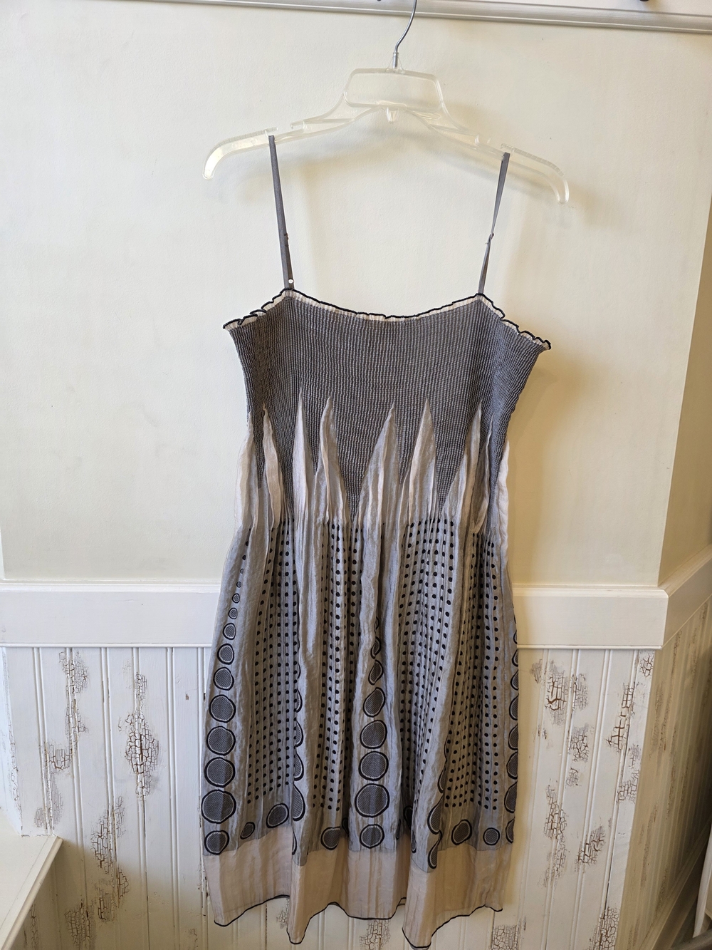 Max Studio Gray and Cream Smocked Spaghetti Strap Dress